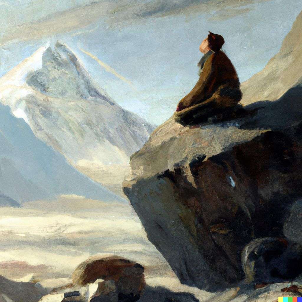 someone gazing at Mount Everest, painting by Andrew Newell Wyeth